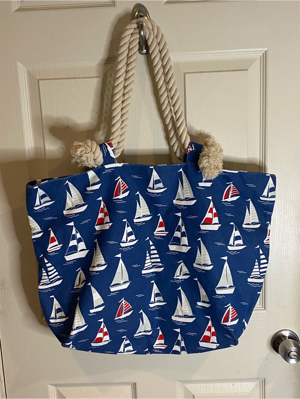 Nautical Blue Sailboat Canvas Tote Bag with Rope Handles, Large (NWT)